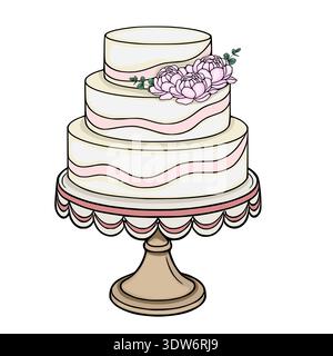 Illustration vectorielle élégante de gâteau de mariage à trois niveaux avec un ruban rose délicat et des fleurs de pivoine sur un stand Illustration de Vecteur