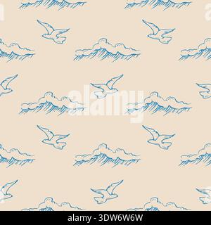 Motif fantaisiste sans couture avec vagues de mer et oiseaux Illustration de Vecteur