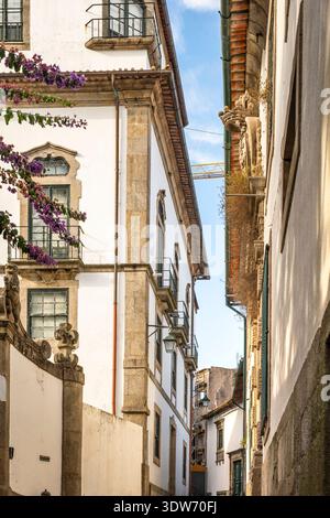 Porto, Portugal. Ruelle étroite tranquille bordée de bâtiments blanchis à la chaux, détails en pierre dans la vieille ville historique. Banque D'Images