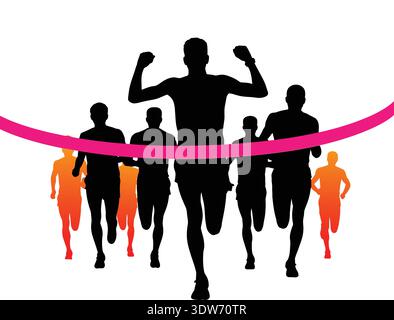Silhouettes de coureurs traversant la ligne d'arrivée rouge bras levés dans la course de course de victoire Illustration de Vecteur