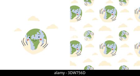 Terre de dessin animé en main avec des nuages. Illustration vectorielle de planète d'amour avec un motif sans couture. Texture de protection de l'environnement pour enfants avec caractère mignon. Illustration de Vecteur
