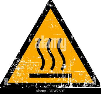 Illustration vectorielle d'un panneau de danger de surface chaude avec une texture grunge. Symbole de triangle jaune rayé usé montrant la chaleur rayonnante isolée sur blanc Illustration de Vecteur