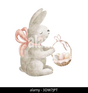 Lapin tenant un panier d'œufs de Pâques. Illustration aquarelle de lièvre dans un style enfantin. Animal dessiné à la main, isolé du fond pour les cartes de conception Banque D'Images