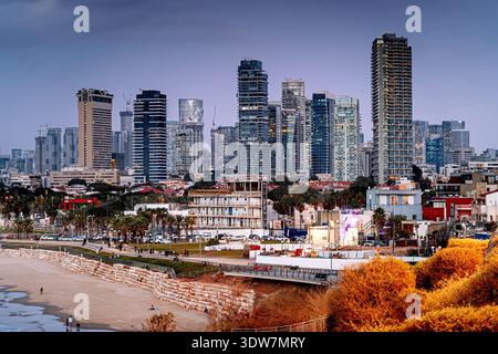 Vue de nuit tel Aviv avec gratte-ciel sur la côte, Israël, moyen-Orient. Banque D'Images