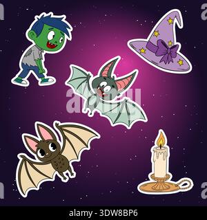 Collection d'autocollants Halloween Set avec des éléments et des personnages mignons. Festival magique d'octobre Banque D'Images