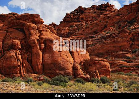 D'énormes falaises de grès rouge escarpées et des formations arrondies ensoleillées s'élèvent au-dessus des arbustes du désert sur le Jenny Canyon Trail dans le parc d'État de Snow Canyon, Utah, États-Unis. Banque D'Images