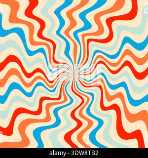 Fond étoilé groovy tourbillon avec des lignes ondulées dans des couleurs rétro orange, bleu et beige. Motif abstrait de vortex psychédélique, illustration vectorielle de style vintage des années 70. Illustration de Vecteur