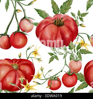 Motif aquarelle sans couture avec tomates rouges mûres, feuilles vertes et fleurs jaunes. Illustration botanique peinte à la main avec des légumes du jardin Banque D'Images