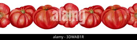 Bordure horizontale sans couture de tomates anciennes peintes à la main. Légumes à l'aquarelle rouge réalistes disposés en garniture répétée, idéaux pour la décoration de la cuisine Banque D'Images