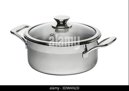 Casserole en acier inoxydable avec couvercle en verre isolé Banque D'Images