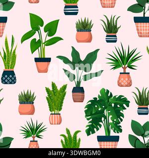 Motif sans couture de nature vectorielle. Fond rose avec des plantes en pot maison. Plantes d'intérieur dans des pots en céramique illustration. Tissu, papier d'emballage, textile PRI Illustration de Vecteur