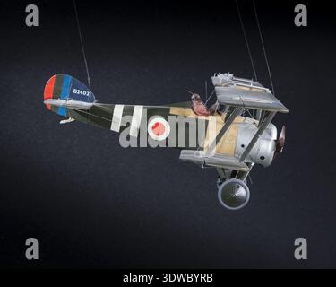 Sopwith F.1/3 Camel “Comic” Night Fighter était un chasseur de nuit britannique de la première Guerre mondiale de la Royal Air Force variante du Sopwith Camel adapté pour l'interception nocturne. Ce modèle d'exposition en plastique à l'échelle 1 :16 de 1991 présente l'avion dans des surfaces supérieures kaki terne et des surfaces inférieures tan. L'image d'archivage enregistre la réplique statique et son schéma de peinture. Banque D'Images