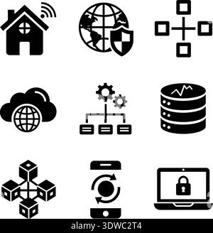 Illustration vectorielle minimaliste en noir et blanc de la maison intelligente, de l'IoT, de la connectivité mondiale et des icônes de cybersécurité pour la technologie moderne et la vie numérique Illustration de Vecteur