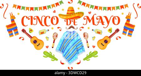 Décoration Cinco de Mayo. Symboles de vacances mexicains traditionnels isolés sur fond blanc Illustration de Vecteur