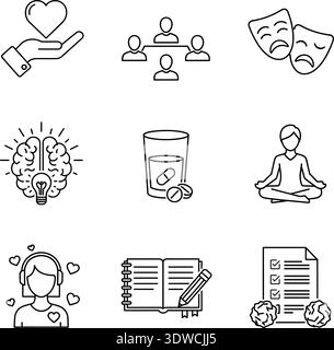 Une collection de 10 icônes de dessin au trait minimalistes illustrant divers thèmes émotionnels et de santé mentale, idéal pour le bien-être, l'éducation et le style de vie con Illustration de Vecteur