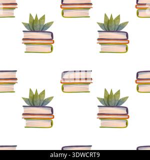 Modèle sans couture avec des livres et des fleurs dessinées à la main dans un style aquarelle simple Banque D'Images
