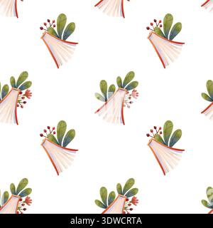 Modèle sans couture avec des livres décorés de fleurs et de plantes dans un style aquarelle simple Banque D'Images