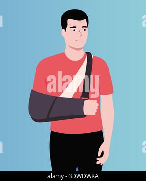 Un homme se tient debout avec son bras gauche dans une écharpe, portant une chemise rouge et un pantalon noir. Il semble être profondément dans la pensée. Le fond est bleu clair et pla Banque D'Images