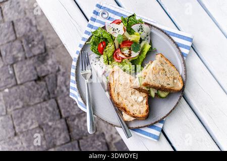 Une délicieuse assiette de sandwich grillé fourré de viande de poulet et de légumes frais, servie avec une salade verte vibrante aux tomates et au radishe Banque D'Images