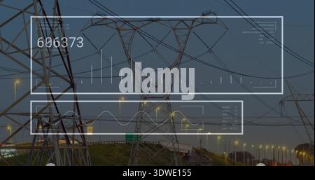 Pylône central en treillis d'acier imposant portant des lignes à haute tension au-dessus de l'autoroute au crépuscule, avec HUD Banque D'Images