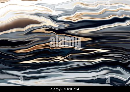 Une illustration abstraite mettant en vedette des vagues fluides de tons noir, blanc et beige. Les motifs tourbillonnants créent un mouvement dynamique et élégant, parfait Banque D'Images