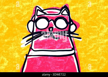Une illustration de chat rose avec des lignes audacieuses portant des lunettes et des écouteurs, sur un fond jaune texturé. Le design ludique allie éclat Banque D'Images