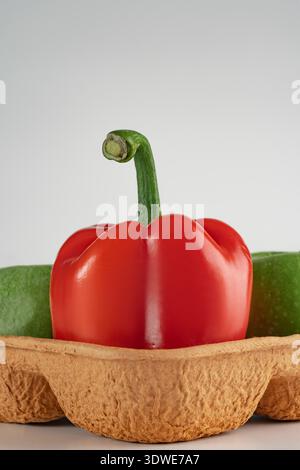 Un poivre rouge biologique vibrant se trouve dans un emballage écologique, mettant en valeur la fraîcheur et la qualité des produits biologiques, parfait pour une cuisine saine insp Banque D'Images