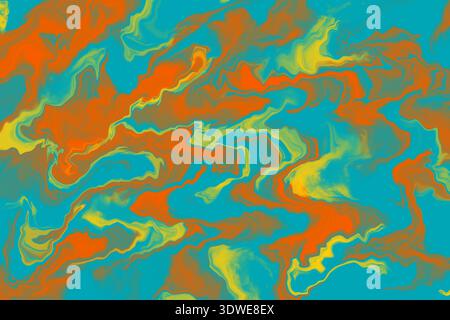 Un fond abstrait vibrant avec des tourbillons de peinture acrylique turquoise, orange et jaune. Idéal pour les impressions de vêtements et le projet de design créatif Banque D'Images