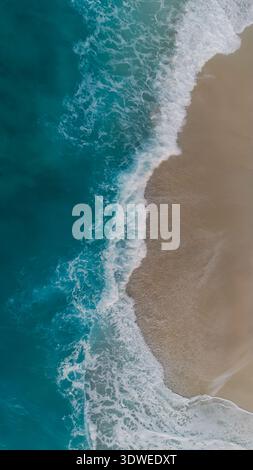 Une vue aérienne capture l'étonnant contraste entre l'océan tropical turquoise et la plage de sable doux d'une île paradisiaque aux Maldives, hig Banque D'Images