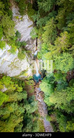 Vue aérienne de la cascade de Grandvillard nichée dans des forêts verdoyantes de Suisse. L'eau en cascade et le feuillage environnant créent un magnifique Banque D'Images