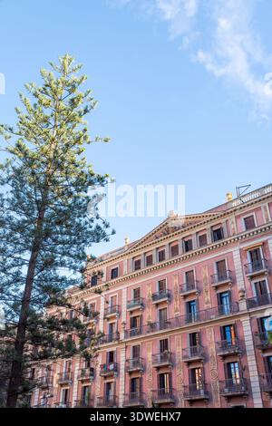 Capturant l'essence de Barcelone, cette image dépeint un mélange époustouflant d'architecture et de verdure, mettant en valeur un bâtiment historique rose avec un towe Banque D'Images