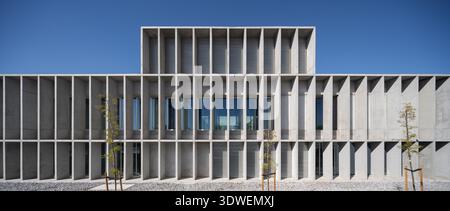 L'image montre un bâtiment universitaire moderne et brutaliste avec une façade en béton frappante. Les éléments verticaux et horizontaux créent une géométrie Banque D'Images