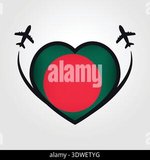 Bangladesh Travel Heart Flag avec icônes d'avion Illustration de Vecteur