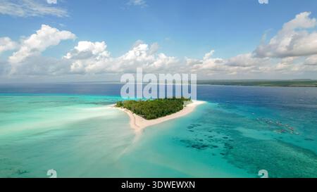 Vue aérienne de l'île de Mnemba, Zanzibar, Tanzanie, mettant en valeur ses rives sablonneuses immaculées et ses eaux turquoises vibrantes, entourées par un vaste océan sous-jacent Banque D'Images