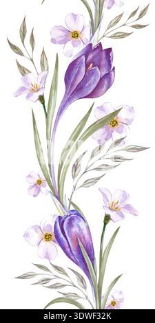 Bordure verticale transparente sur un fond isolé. Illustration aquarelle avec crocus violets, fleurs blanches et feuilles vertes. Un ornement floral Banque D'Images