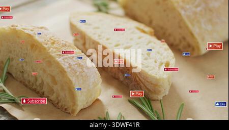 Affichage de 3 tranches de pain croustillant révélant la miette ouverte sur le parchemin, le romarin, les icônes numériques Banque D'Images