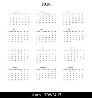 Grille du calendrier pour 2026, la semaine commence le dimanche Illustration de Vecteur
