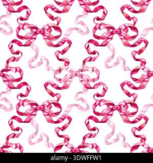 Motif sans couture aquarelle peint à la main d'élégants noeuds en soie rose et de rubans fluides. Un design délicat et festif parfait pour un cadeau romantique Banque D'Images