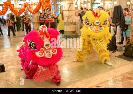 Danse traditionnelle Dragon & Lion lors de la célébration du cheval de feu du nouvel an chinois. Edificio del Molino, Buenos Aires. 24 février 2026. Banque D'Images