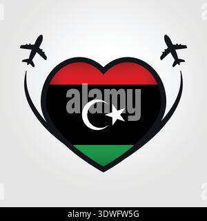 Drapeau cœur de voyage Libye avec icônes d'avion Illustration de Vecteur