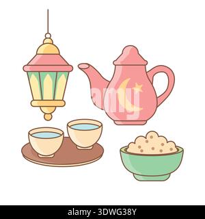 Kawaii Iftar Tea Set avec lanterne théière et dates illustration vectorielle plate Illustration de Vecteur