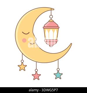 Mignon Sleeping Moon avec Ramadan Lantern et Stars Vector illustration plat Illustration de Vecteur