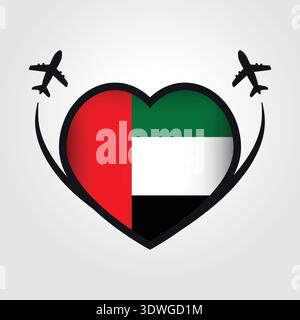 Drapeau de cœur de voyage des Émirats arabes Unis avec icônes d'avion Illustration de Vecteur