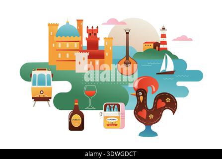 Portugal attractions touristiques, monuments et symboles bannière colorée, affiche et fond de carte postale. Illustration de Vecteur