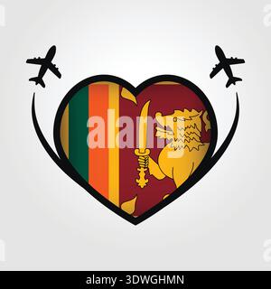 Drapeau de cœur de voyage du Sri Lanka avec icônes d'avion Illustration de Vecteur