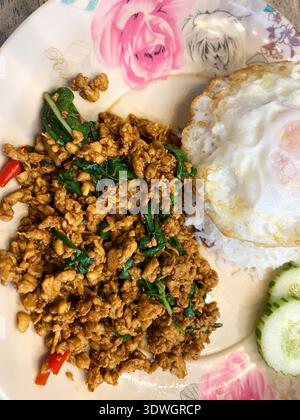 Poulet haché sauté au basilic et aux épices sur une assiette, accompagné d'un œuf frit et de tranches de concombre, aux couleurs et textures vibrantes Banque D'Images