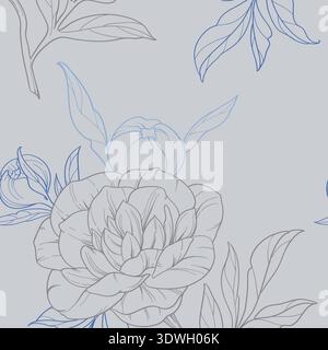 Silhouette bleue de pivoines, motif vectoriel sans couture. Fleurs sur fond gris. Style russe d'hiver, gzhel Illustration de Vecteur