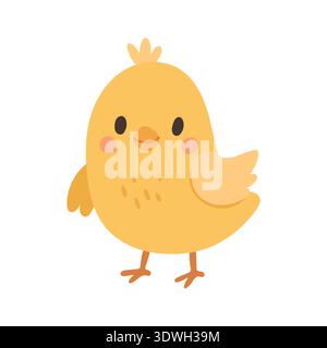Adorable personnage de dessin animé de poussin jaune, parfait pour les impressions de pépinière sur le thème de la ferme, les visuels de marketing de Pâques, les affiches pour enfants et les packs d'autocollants mignons. Illustration de Vecteur