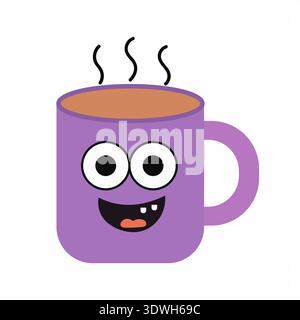 Personnage de tasse à café violet avec visage souriant et boisson chaude à la vapeur Illustration de Vecteur