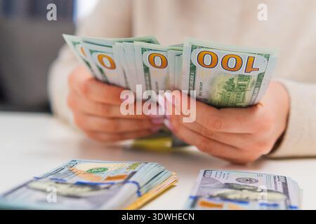 Comptage et tri des billets de banque en dollars. Finances personnelles, planification du revenu et thème comptable. Banque D'Images